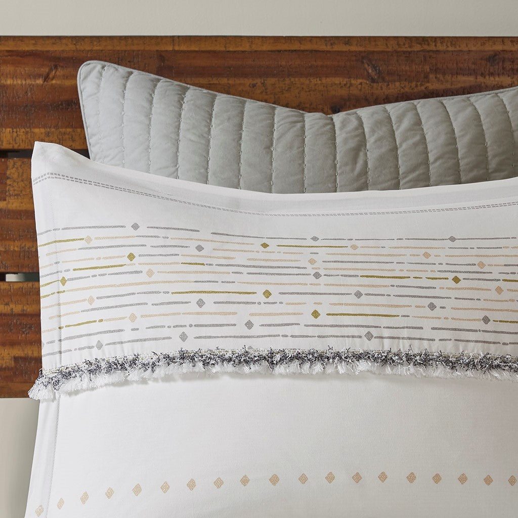 Cotton Printed Comforter Set With Trims Off White Gray King Cal King King Off White Gray Cotton