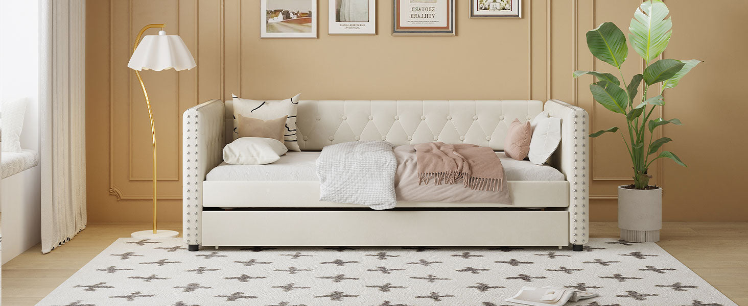Twin Size Tufted Upholstered Daybed With Trundle, Velvet Sofabed With Rivet Design, No Box Spring Needed,Beige Twin Beige Velvet