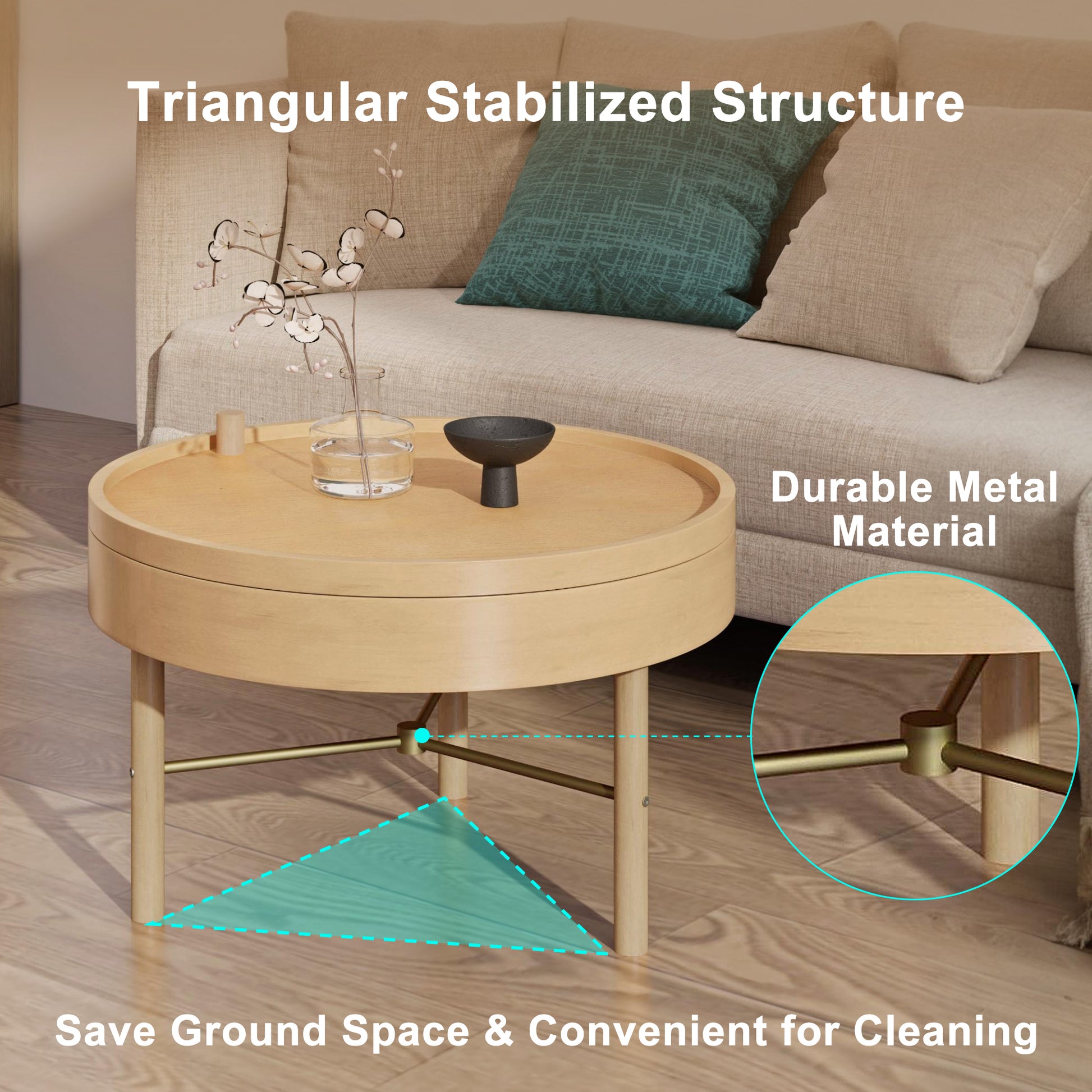 Modern Round Wood Rotating Tray Coffee Table With Storage & Metal Legs In Natural Natural Metal,Rubber Wood