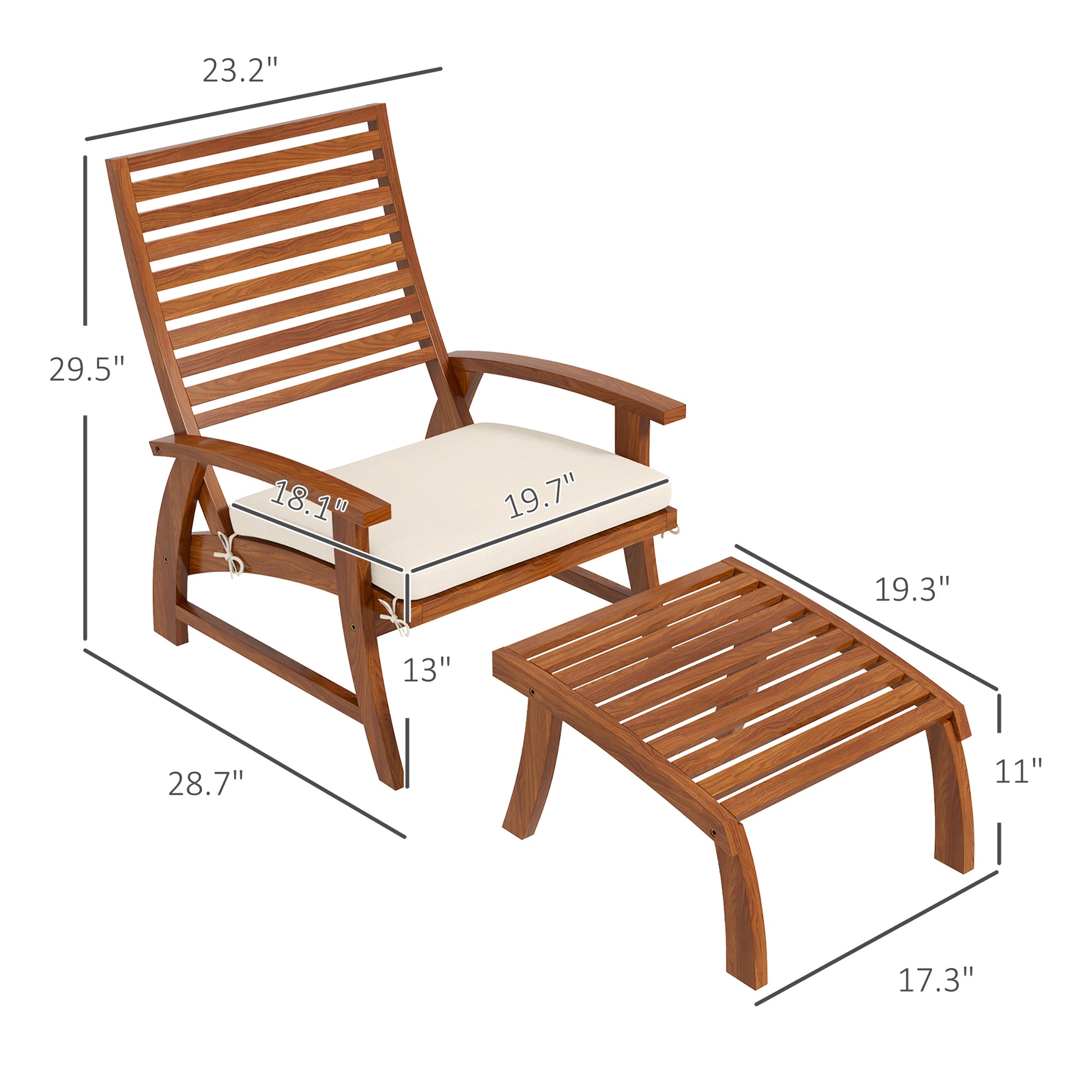 Outsunny 4 Pieces Patio Chairs With Cushion, Outdoor Dining Chairs Set Of 4, Acacia Wood Seat With Footstools, Slatted Seat & Backrest, Armrests, Cream White Natural Wood