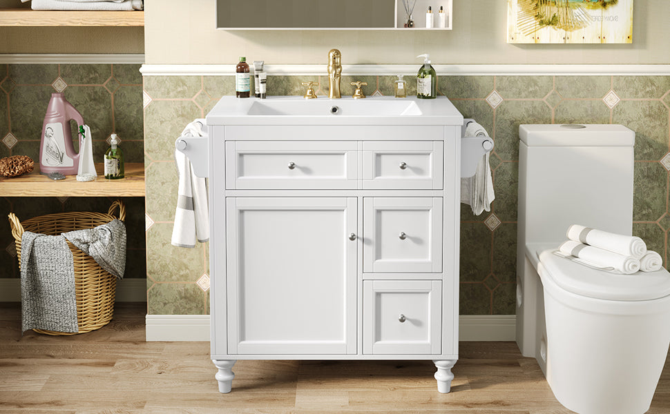 30'' Bathroom Vanity With Top Sink, Modern Bathroom Storage Cabinet With 2 Drawers And A Tip Out Drawer, Single Sink Bathroom Vanity Same As N710S130001K White Bathroom Modern Solid Wood Mdf Resin