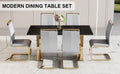 Table And Chair Set,Modern Rectangular Table With 0.4 Inch Black Patterned Tabletop And Gold Legs, Suitable For Kitchen, Dining Room, And Living Roomcomfortable Pu Seats,Perfect For Dinner, Meet Grey Black Seats 6 Sintered Stone
