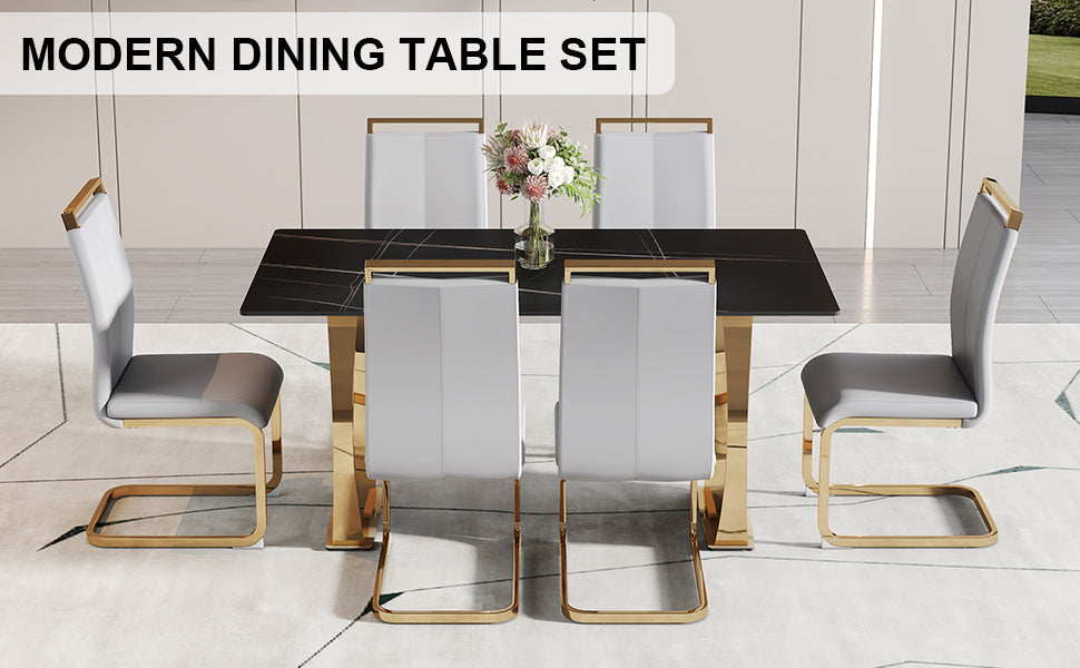 Table And Chair Set,Modern Rectangular Table With 0.4 Inch Black Patterned Tabletop And Gold Legs, Suitable For Kitchen, Dining Room, And Living Roomcomfortable Pu Seats,Perfect For Dinner, Meet Grey Black Seats 6 Sintered Stone