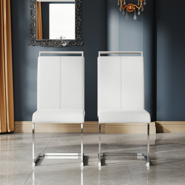 A Set Of 4 Artificial Leather Dining Chairs, Featuring An Arched Chair Design And Paired With Stainless Steel Legs. Silver White Pu Leather