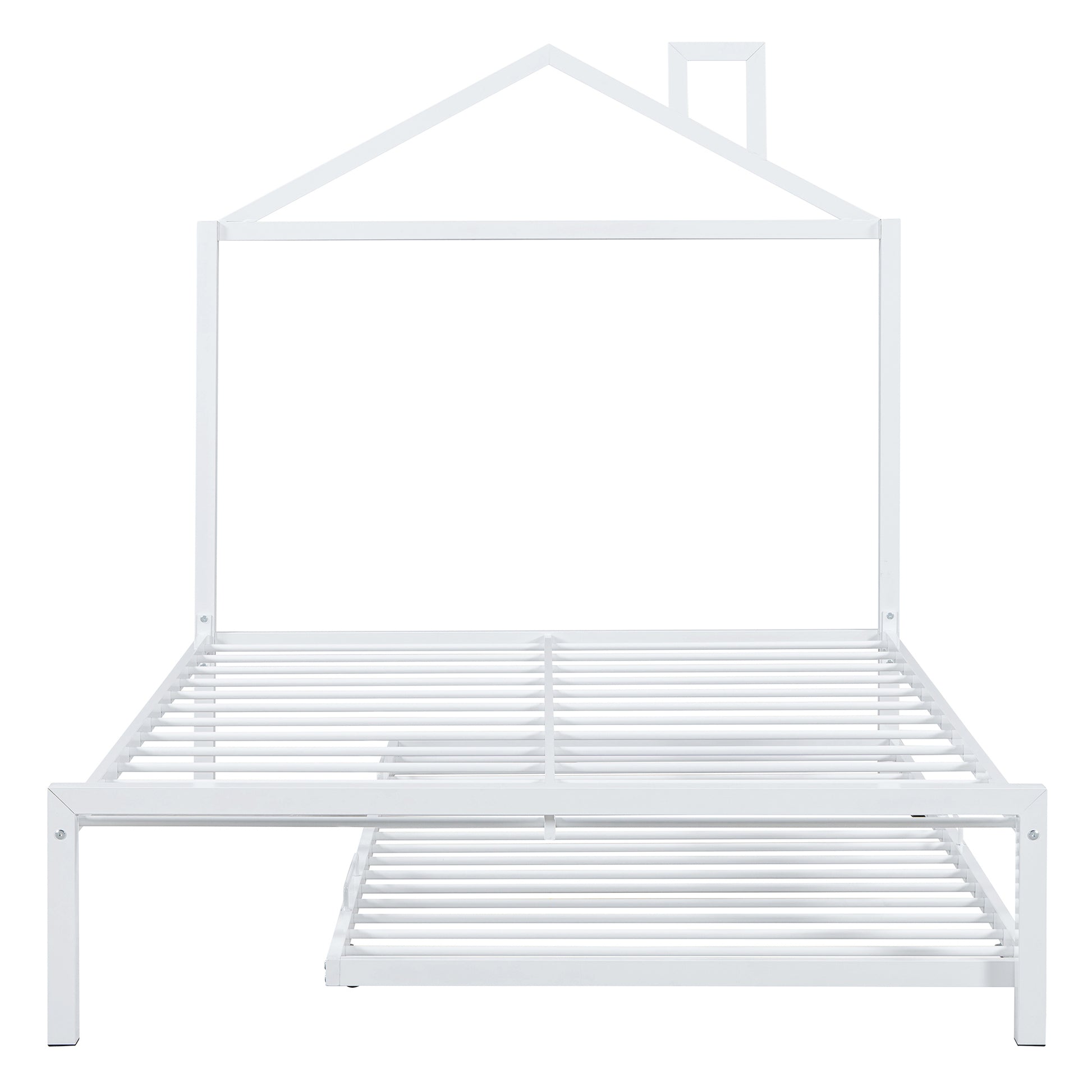Full Size Metal Platform Bed With Twin Size Trundle,House Shaped Headboard Design, White Full White Metal