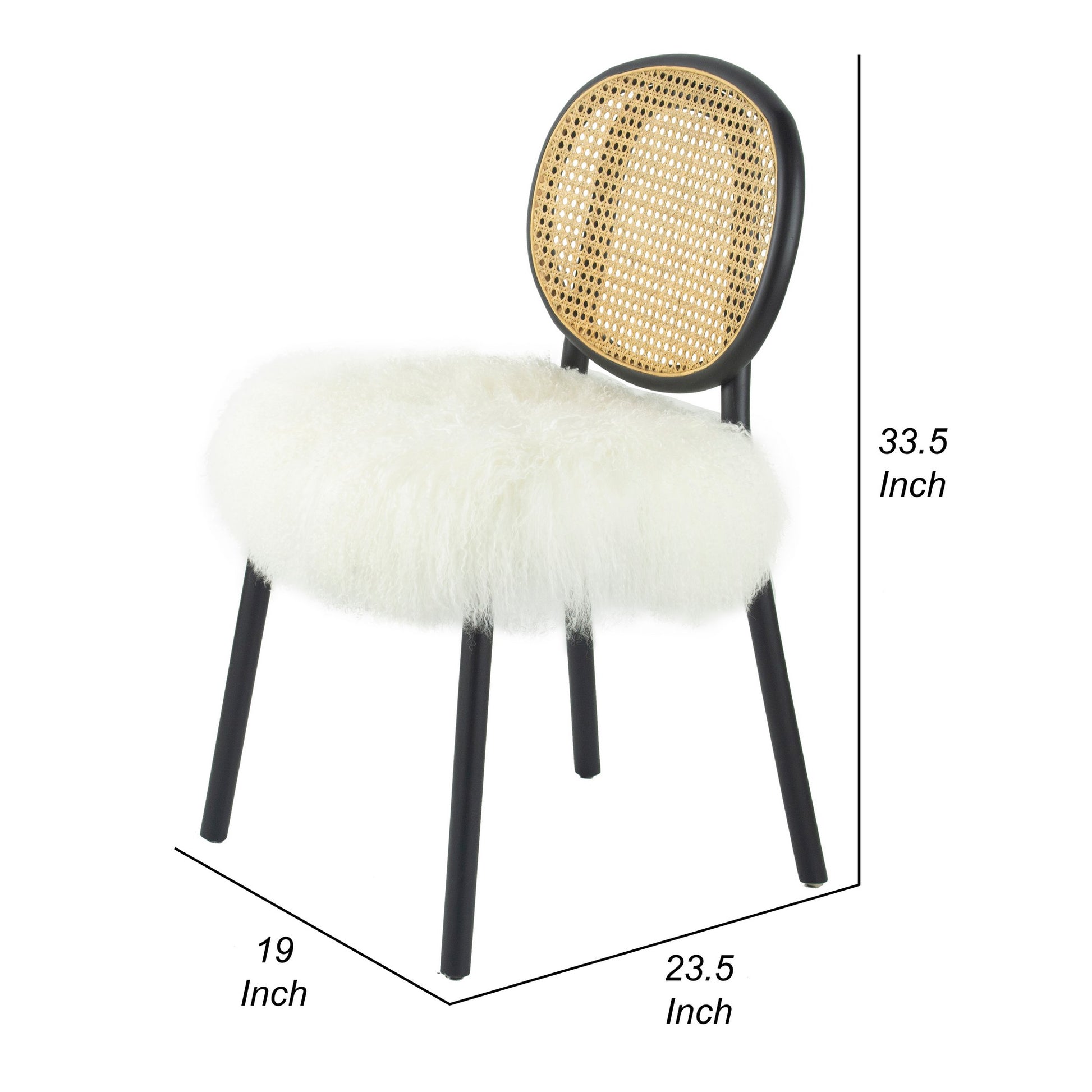 Ada 24 Inch Dining Chair, Cane Rattan Back, Fur Seat, Set Of 2, Black Black White Wood