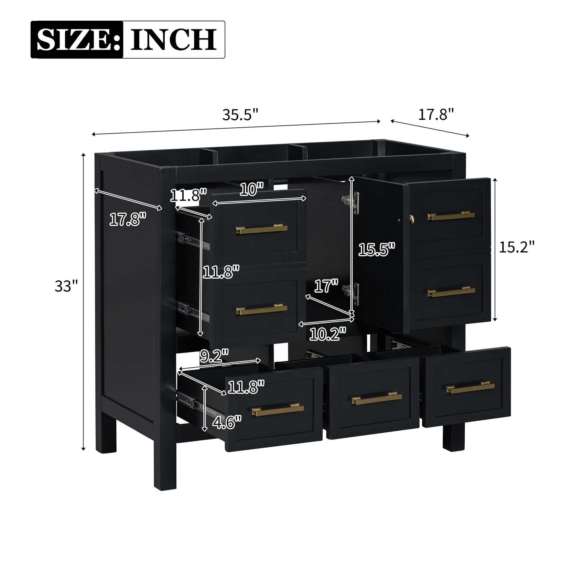 36'' Bathroom Vanity Without Sink, Solid Wood Frame Bathroom Storage Cabinet, Freestanding Vanity With 5 Drawers& Soft Closing Doors Not Include Basin Sink Black Bathroom Solid Wood Mdf