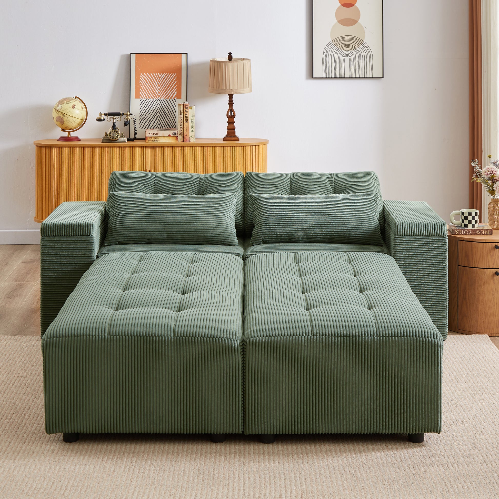 Convertible 3 In 1 Sleeper Sofa And Sectional Sofa With 4 Storage Space For Living Room,Corduroy Couch With 4 Pillows,Corduroy Army Green Corduroy 3 Seat