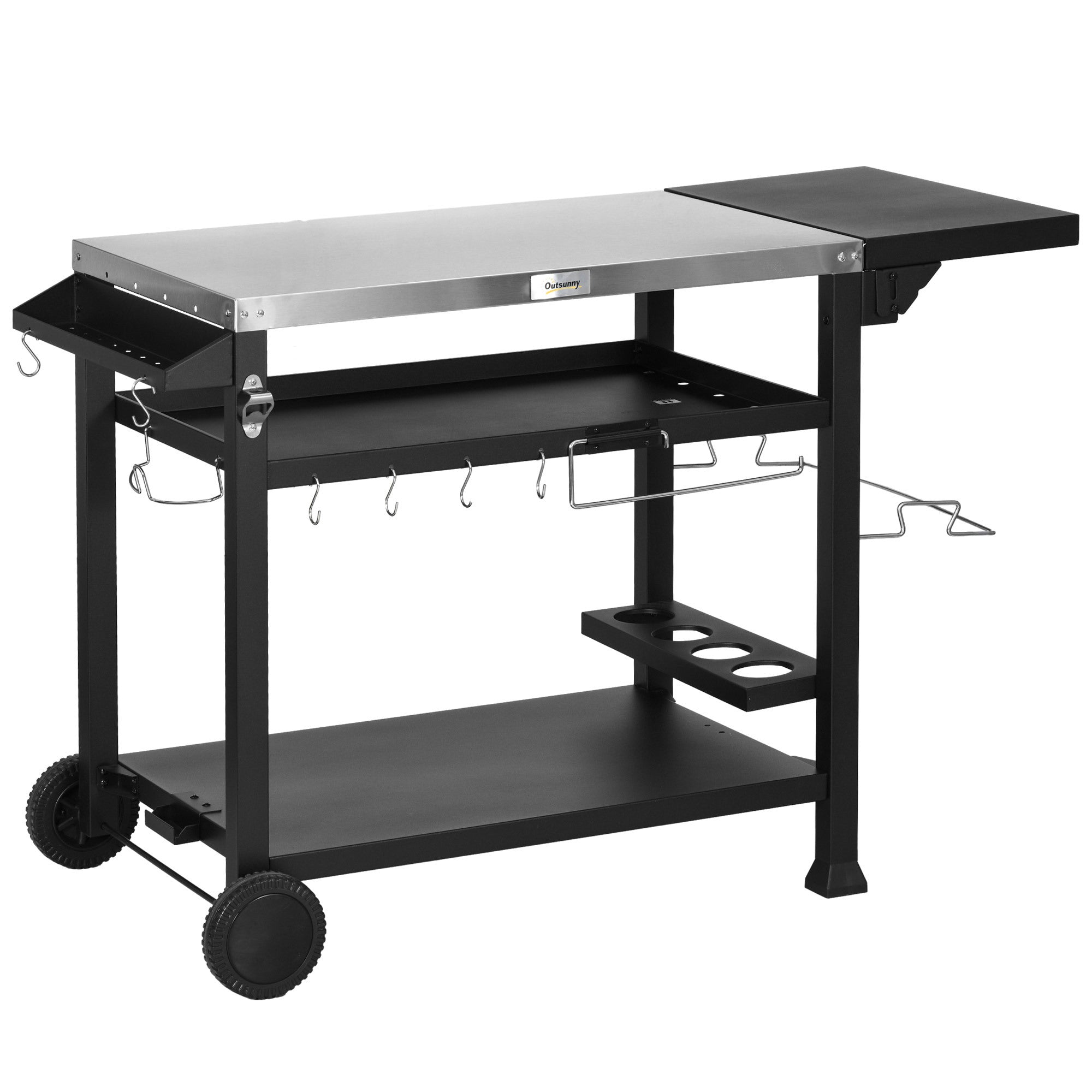 Outsunny Outdoor Grill Cart With Foldable Side Table, 46" X 21.75" Multifunctional Stainless Steel Pizza Oven Stand With Three Shelf, Movable Food Prep Table On Wheels, Black Black Stainless Steel