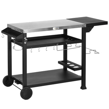 Outsunny Outdoor Grill Cart With Foldable Side Table, 46" X 21.75" Multifunctional Stainless Steel Pizza Oven Stand With Three Shelf, Movable Food Prep Table On Wheels, Black Black Stainless Steel