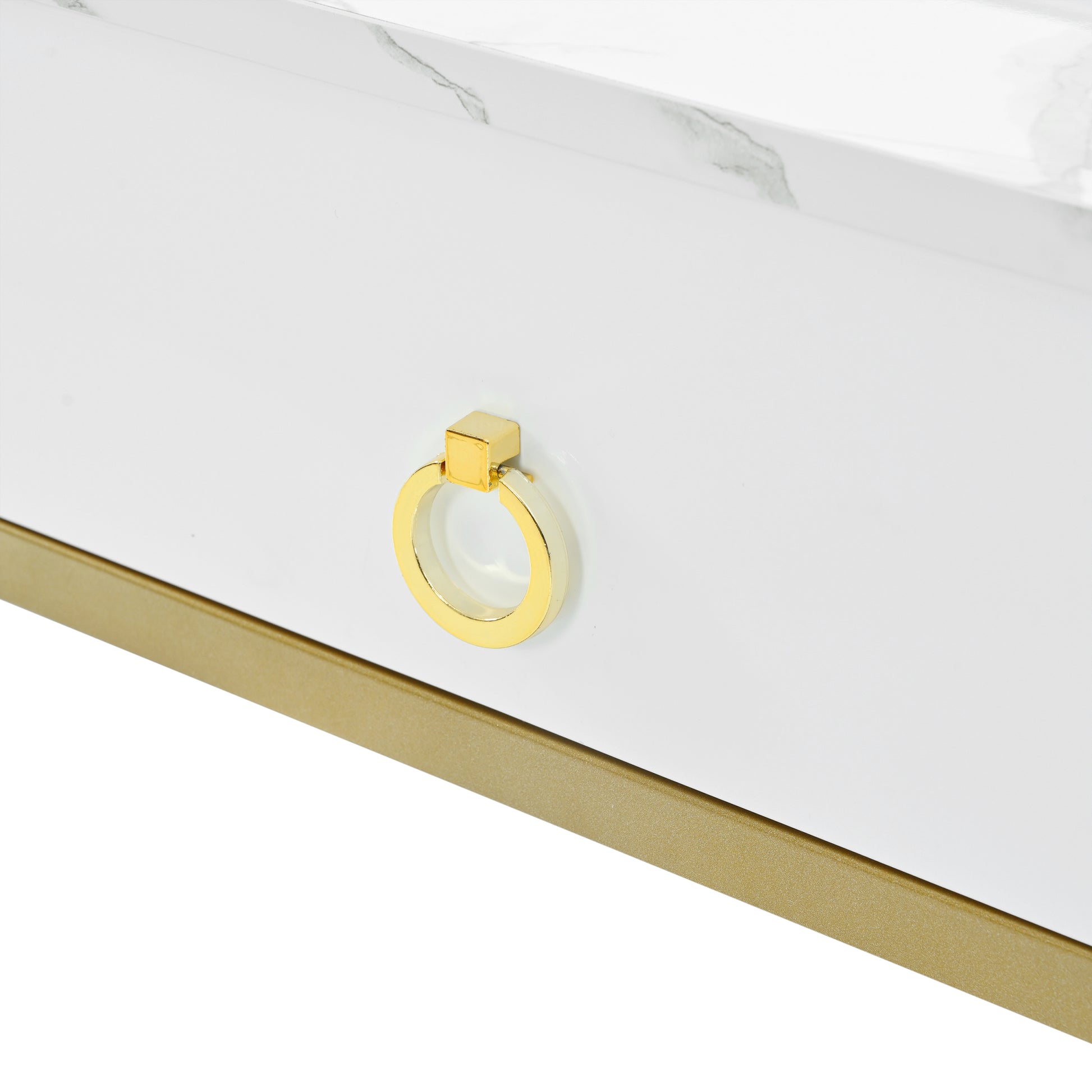 Nesting Coffee Table With Drawer, Set Of 2, Exquisite Square Stacking Coffee Tables With Brown Tempered Glass, Side Table With High Gloss Marble Grain Tabletop For Living Room, White White Gold Primary Living Space Drawers Square Mdf Steel