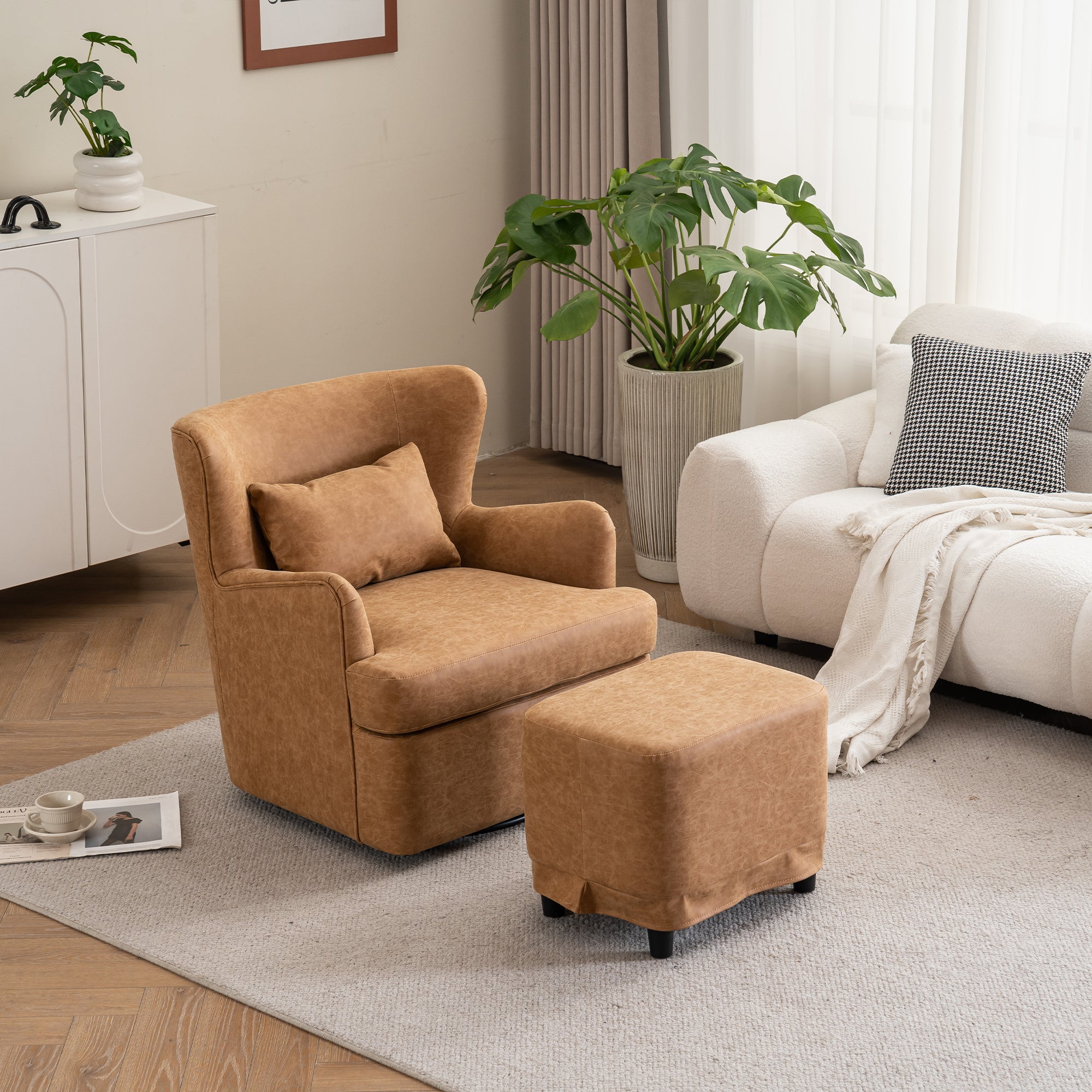 Synthetic Leather Upholstered Swivel Chair, 360 Swivel Comfort Round Armchair, Single Sofa Chair With Lounge Seat For Bedroom Office Reading Space, Set Of 1 ,Brown Yellow Brown Yellow Wood