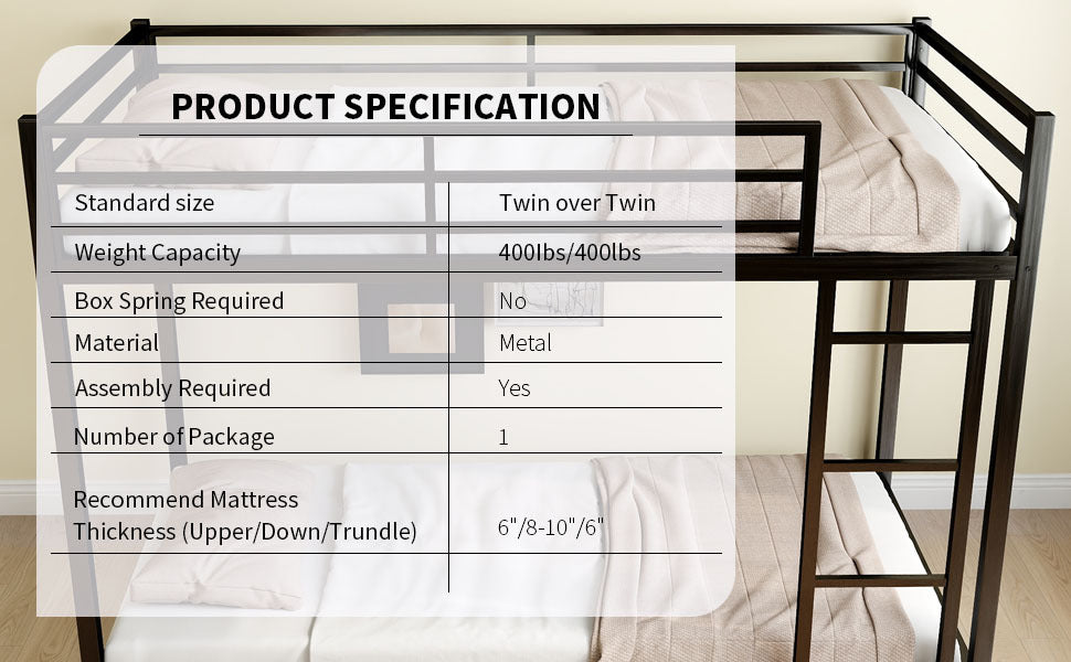 Metal Twin Over Full Bunk Bed Heavy Duty Sturdy Metal Noise Reduced Safety Guardrail No Box Spring Needed,Black Twin Black Metal Metal