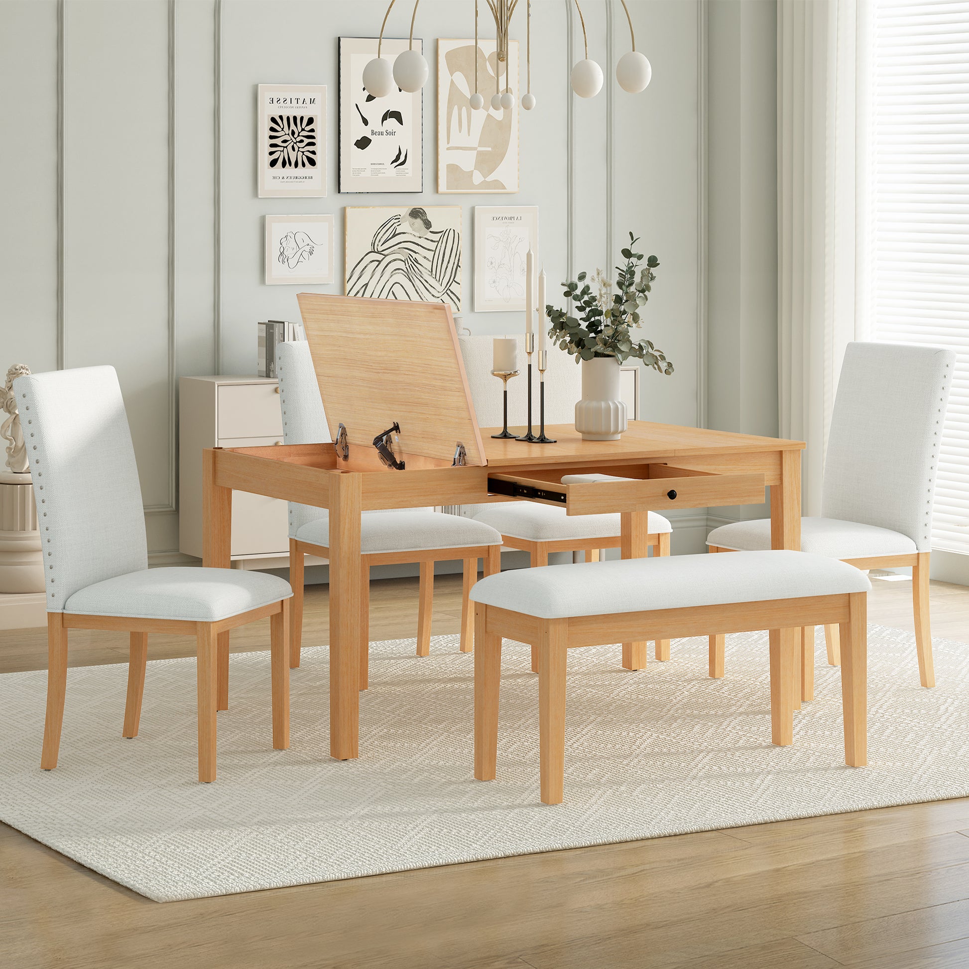 Farmhouse 6 Piece Dining Table Set With Storage Table, Kitchen Table Set With Drawer, Storable Bench And Upholstered Dining Chairs, Natural Beige Wood Dining Room Bench Seating Acacia Rectangular Dining Table With Chair And Bench Upholstered Chair Wood