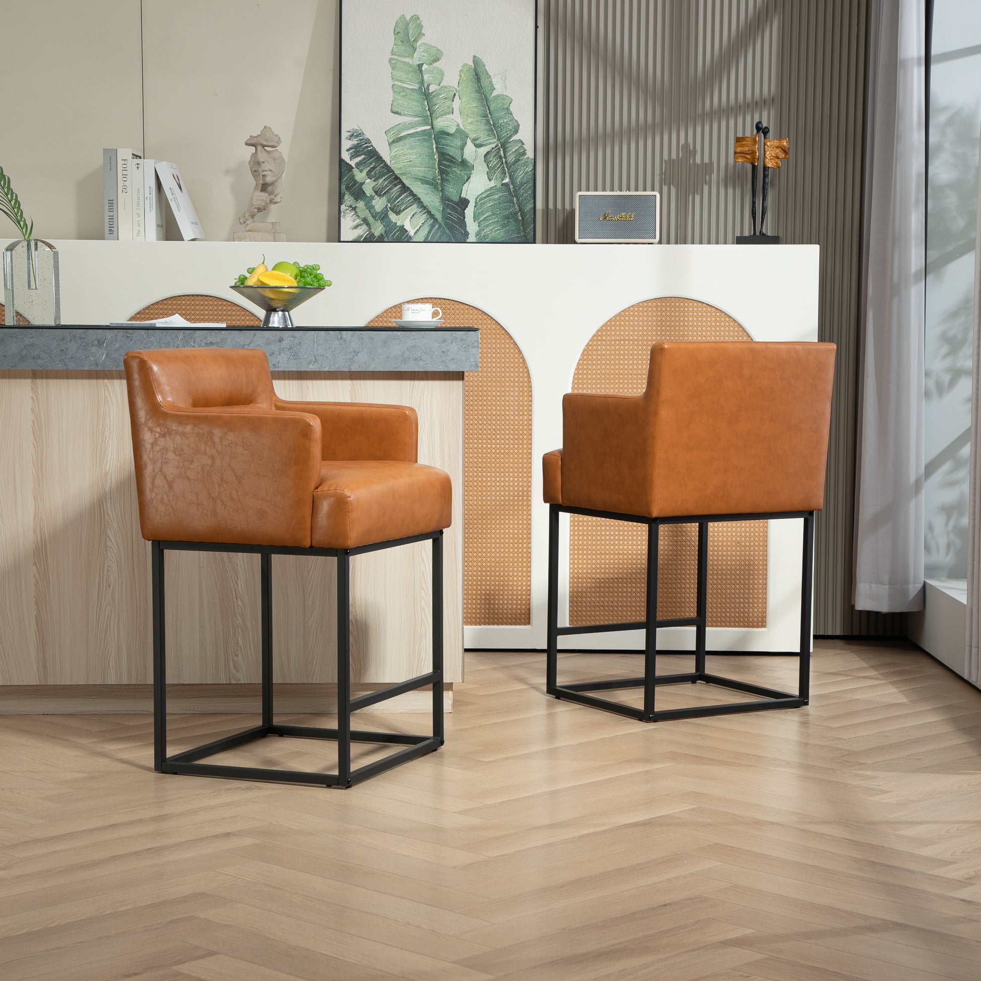 Coolmore Counter Height Bar Stools Set Of 2, Modern Barrel Bar Stool With Backrest And Arms, Black Metal Frames, Upholstered Bar Stools For Kitchen Island, Pub, Club Light Brown Foam Pu Leather