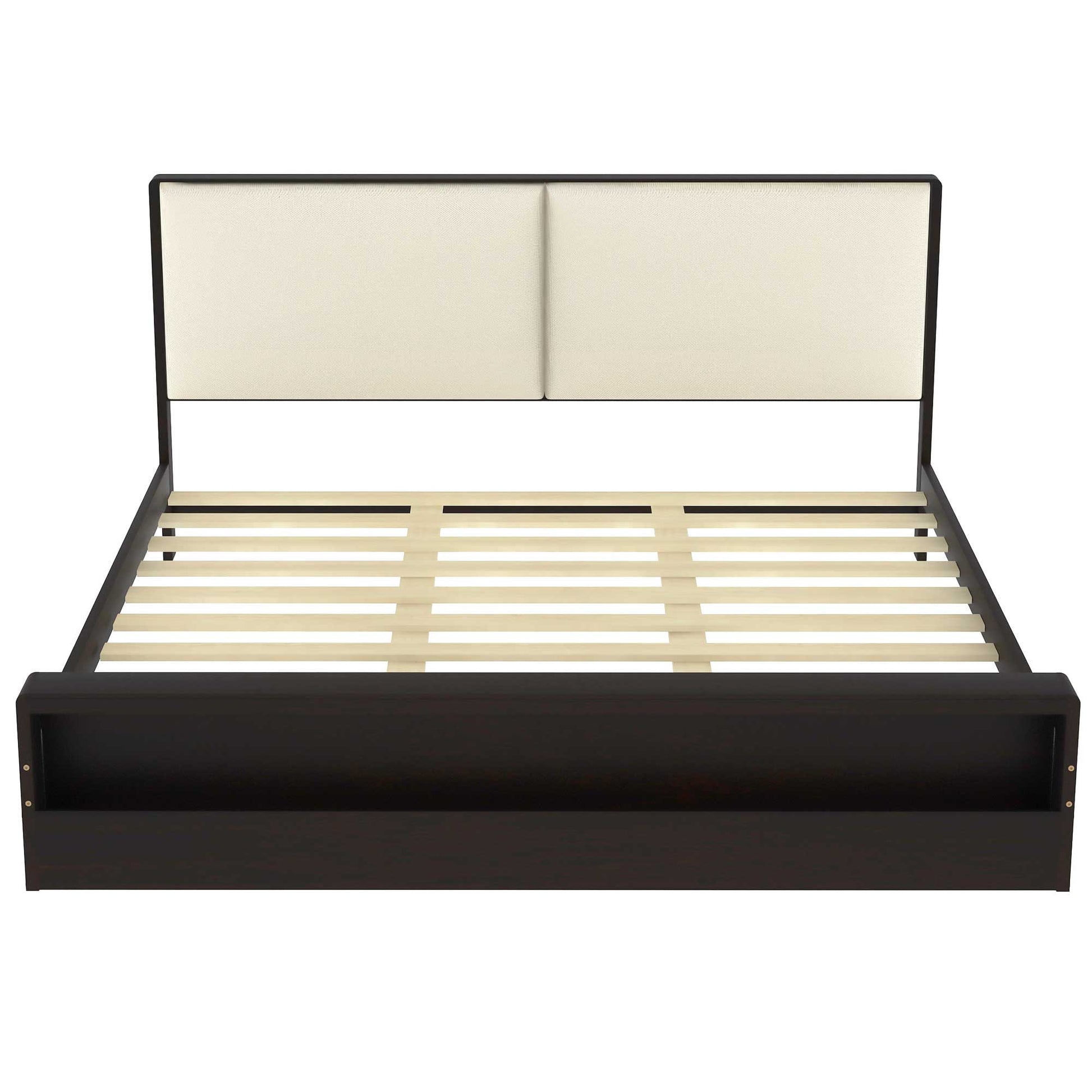 King Size Platform Bed Frame With Upholstery Headboard And Bookshelf In Footboard And Led Light Strips, Espresso King Espresso Solid Wood Mdf