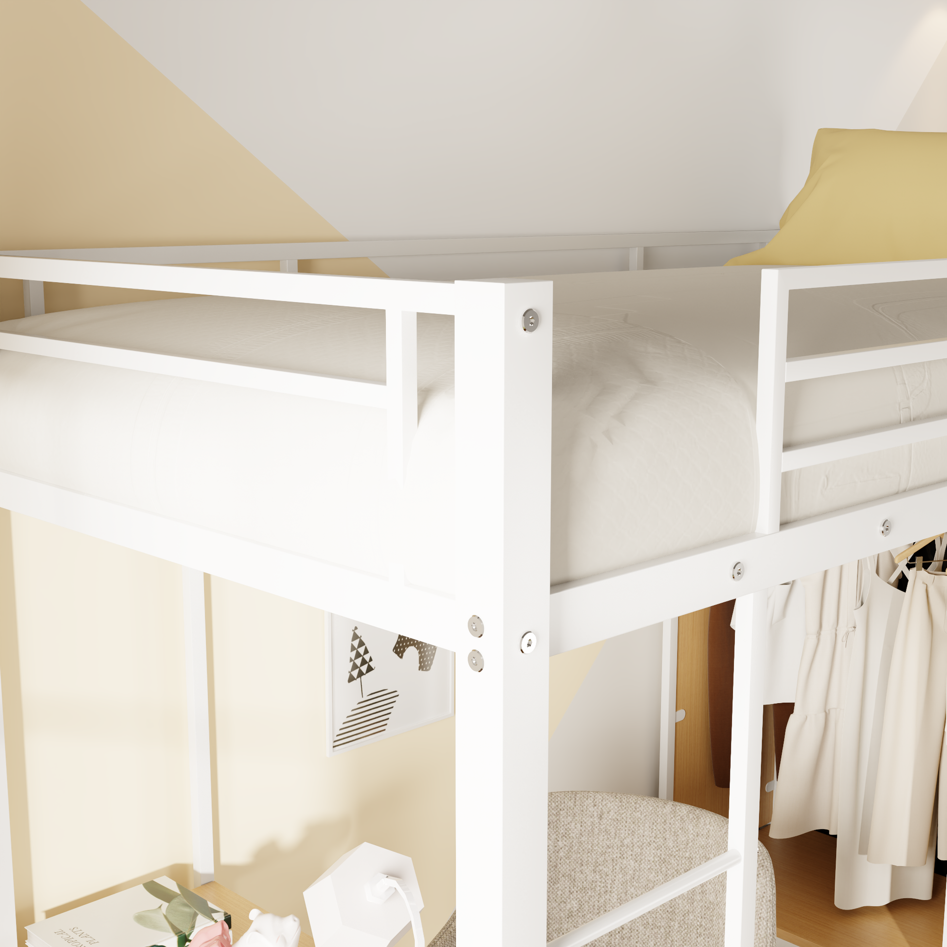 Twin Size Metal Loft Bed With Built In Wardrobe, Desk And Shelves, White Box Spring Not Required Twin White Metal Mdf Metal