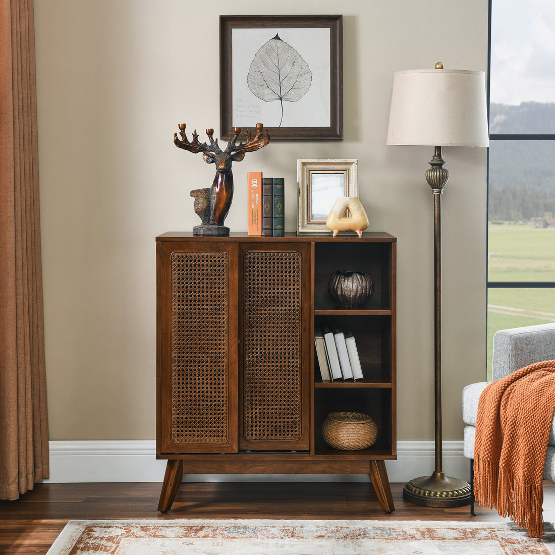 Mid Century Modern Rattan Sideboard Cabinet, Buffet Cabinet For Entryway Hallway Living Room Kitchen Dining Room Bedroom, Adjustable Shelf & Solid Wood Feet & Rattan Cabinet Doors Dark Wood Walnut