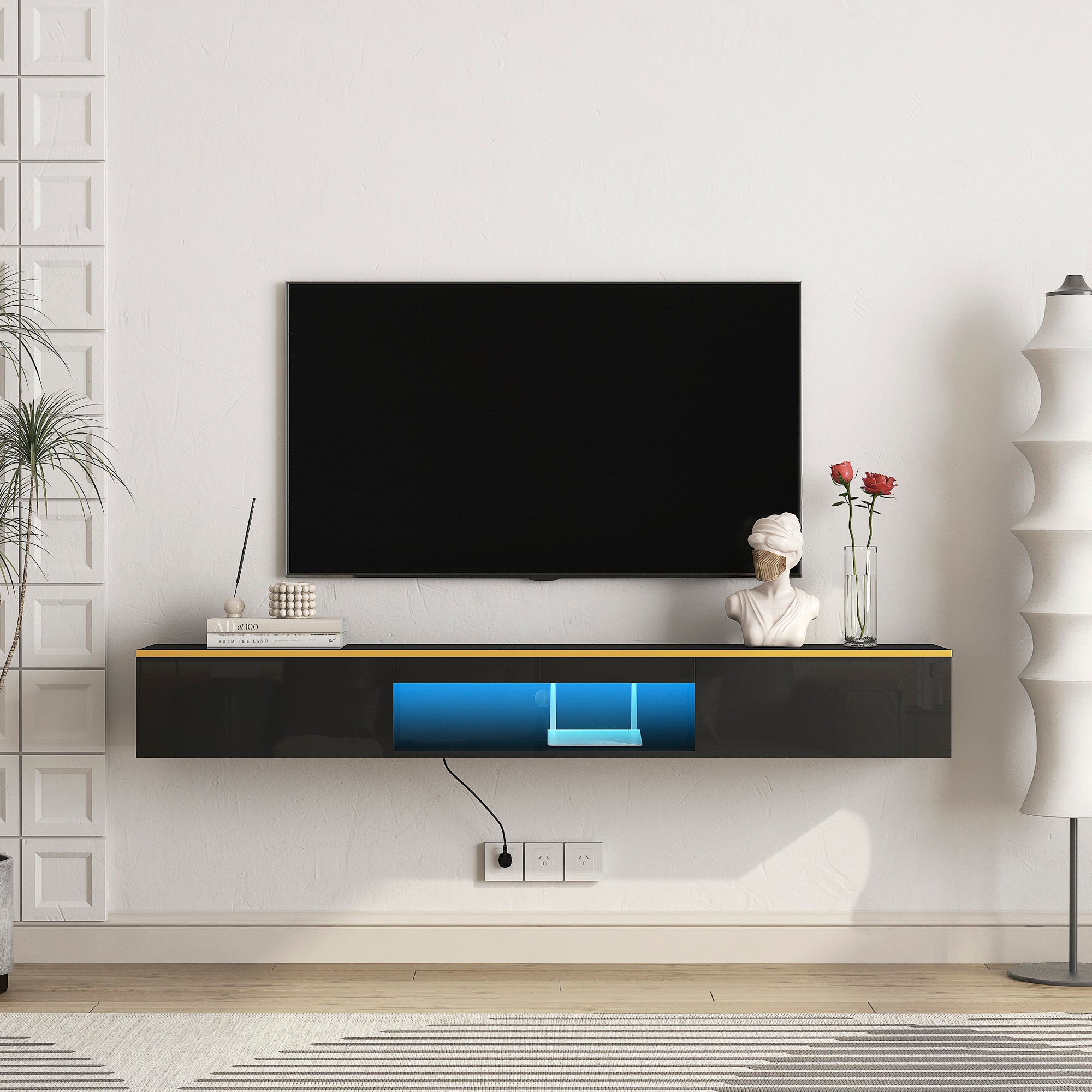Floating Tv Stand Wall Mounted With 16 Color Leds,69" Modern Tv Stand, Floating Tv Cabinet Entertainment Center For 55 60 65 Inch Tv,Black Black 60 69 Inches Mdf