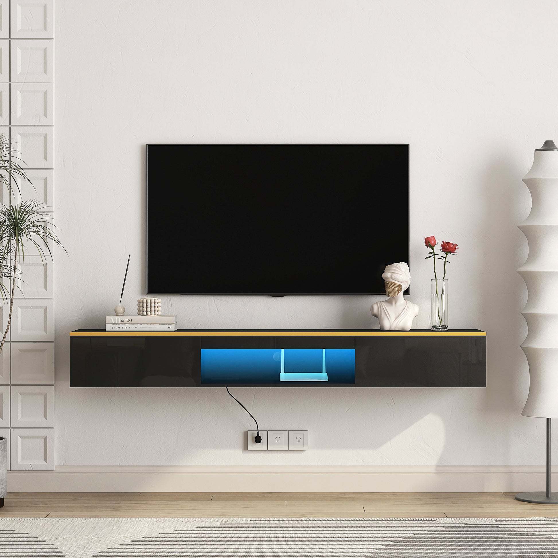 Floating Tv Stand Wall Mounted With 16 Color Leds,69" Modern Tv Stand, Floating Tv Cabinet Entertainment Center For 55 60 65 Inch Tv,Black Black 60 69 Inches Mdf