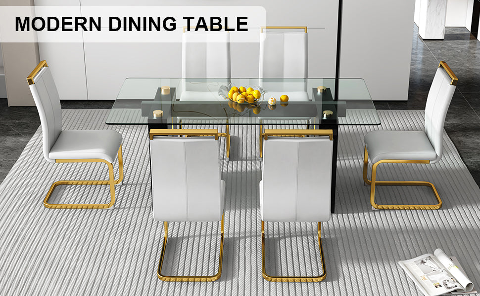 Table And Chair Set, Large Modern Minimalist Rectangular Glass Table, Can Accommodate 6 8 People, Equipped With Tempered Glass Tabletop And Large Mdf Table Legs, Comfortable And Minimalist Chairs. Transparent Mdf Glass