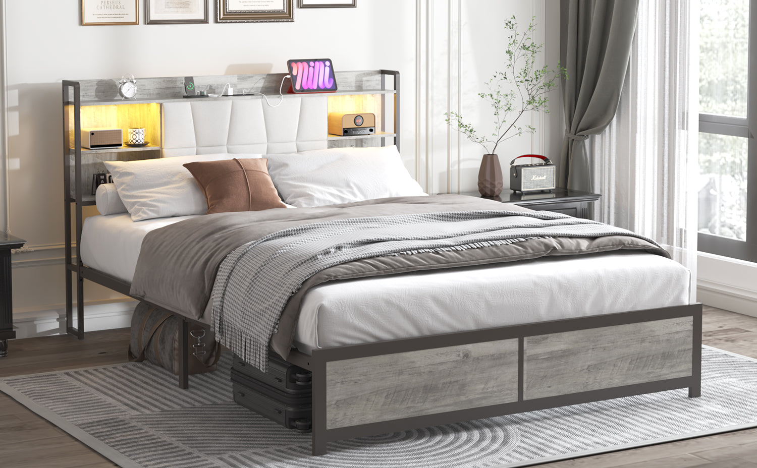 Queen Size Bed Frame With Led Light & Power Outlet, Platform Bed With Upholstered Headboard And Storage, Sturdy Metal Slats Support, No Box Spring Needed, Easy Assembly, Noise Free Box Spring Not Required Queen Ancient Oak Metal Bedroom Modern Bed Frame