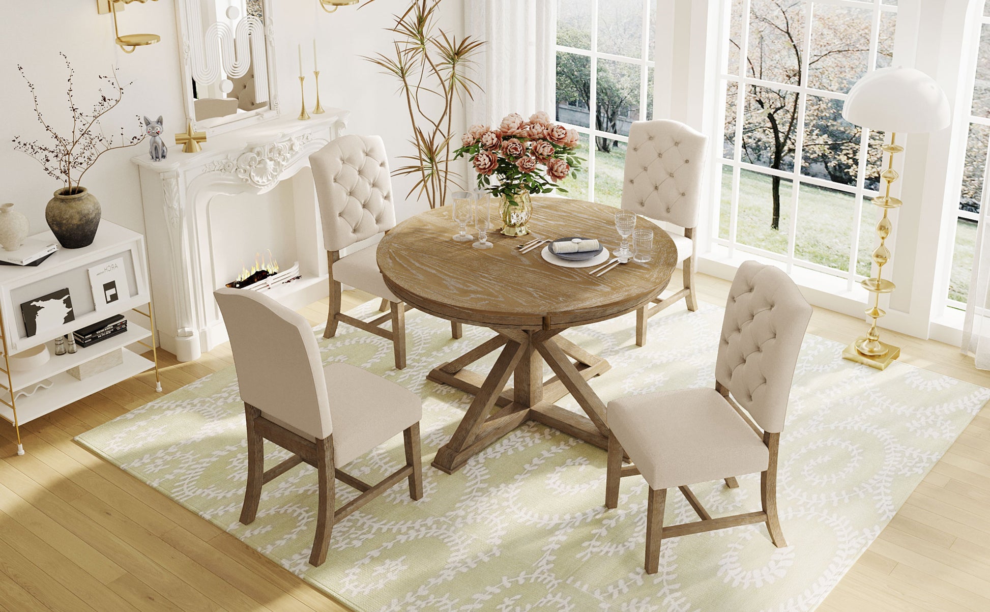 Functional Furniture Retro Style Dining Table Set With Extendable Table And 4 Upholstered Chairs For Dining Room And Living Room Natural Wood Wash Natural Wood Wash Solid Wood