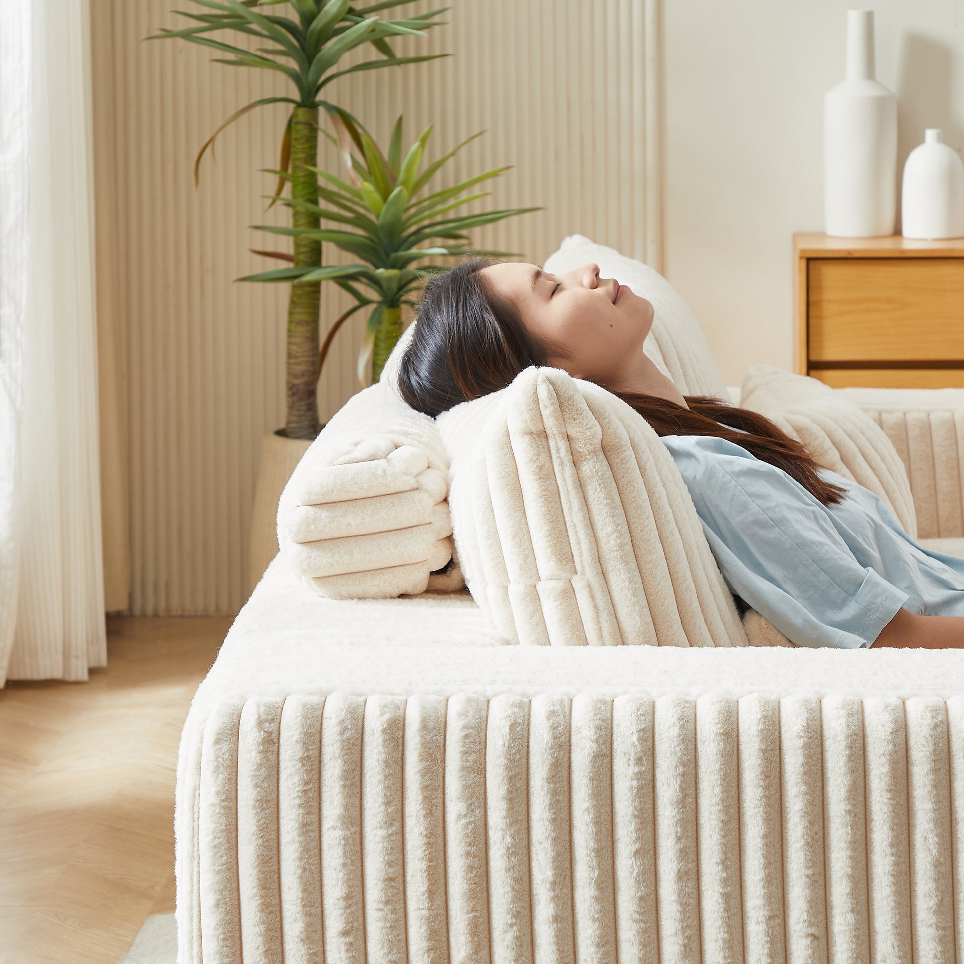 87" Oversized Sectional Lounge Chaise,No Assembly Required,Cloud Plush Loveseat With Reclining Sofa Bed,Fluffy Modern Sleeper Chair For Indoor Living Room Bedroom Beige Corduroy 2 Seat