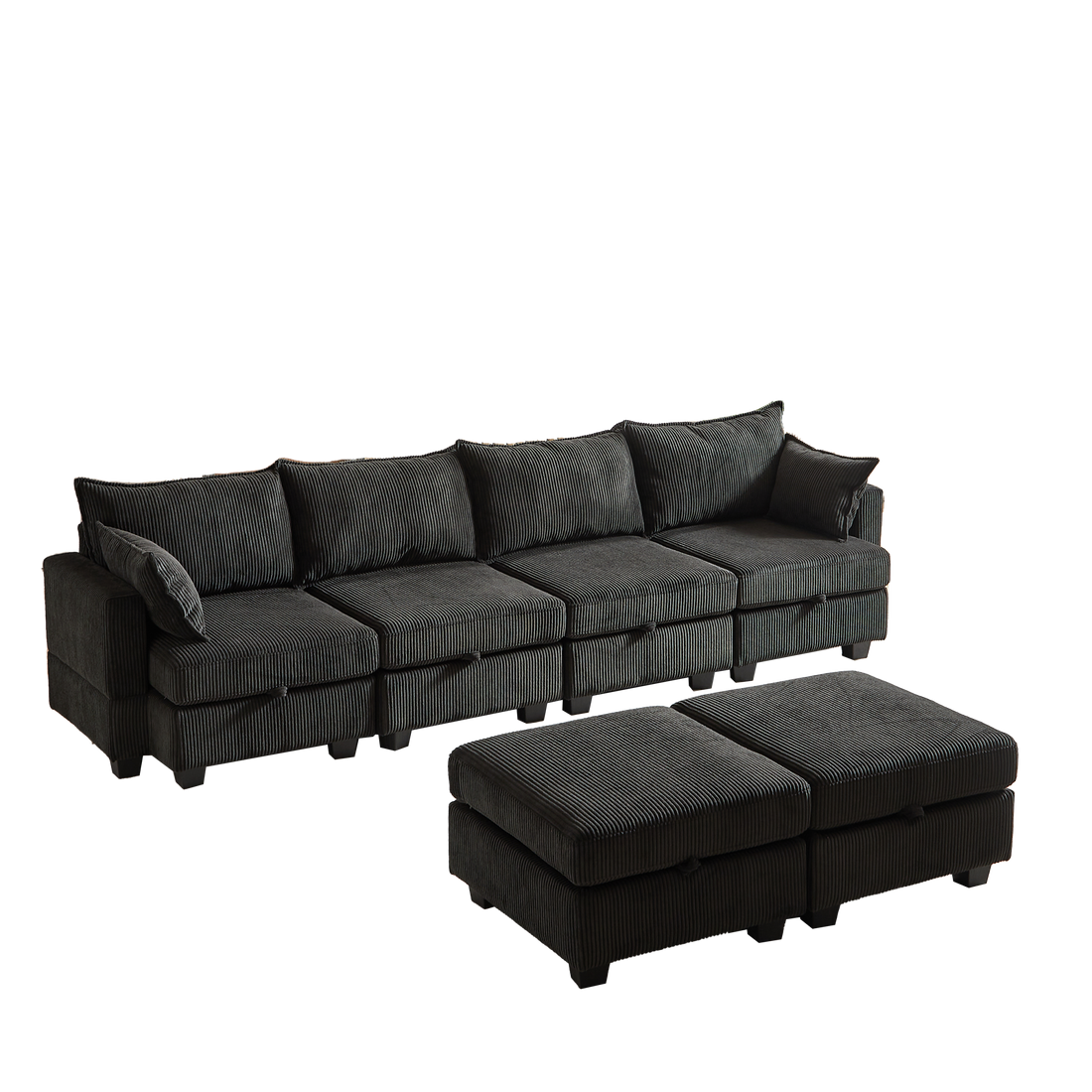 113.5'' Modular Sectiona Corduroy Sofa, Sectional Couches For Living Room U Shaped Sectional Couch With Storage Ottoman, 6 Seats Convertible Sectionals With Chaise Black Corduroy 6 Seat