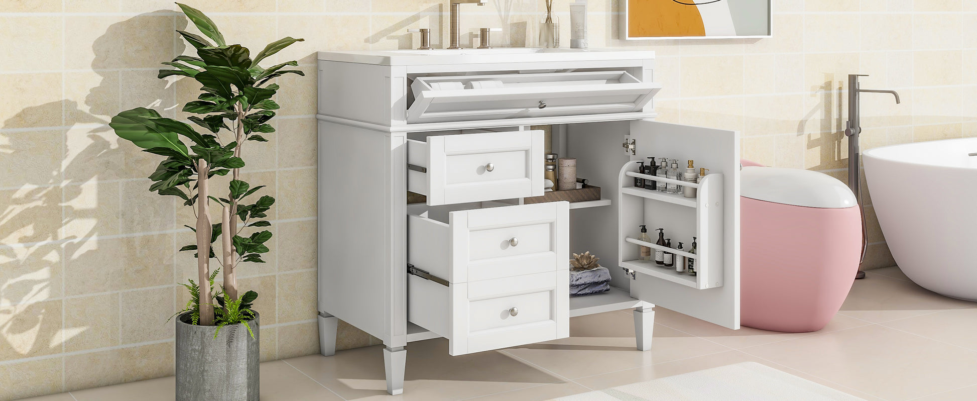 36'' Bathroom Vanity With Top Sink, Modern Bathroom Storage Cabinet With 2 Drawers And A Tip Out Drawer, Single Sink Bathroom Vanity White Bathroom Solid Wood Mdf Ceramic,Solid Wood Mdf