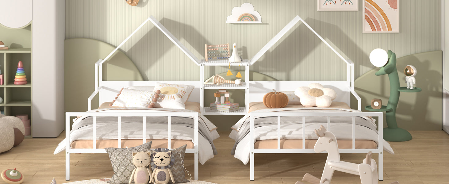 Metal Double Twin Size Platform Bed With House Shaped Headboard And A Built In Nightstand, White Box Spring Not Required Twin White Metal Metal