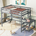 Full Size High Loft Bed With Built In Desk, Ladder Platform, Ladders, Guardrails ,Grey Full Grey Bedroom American Design Pine