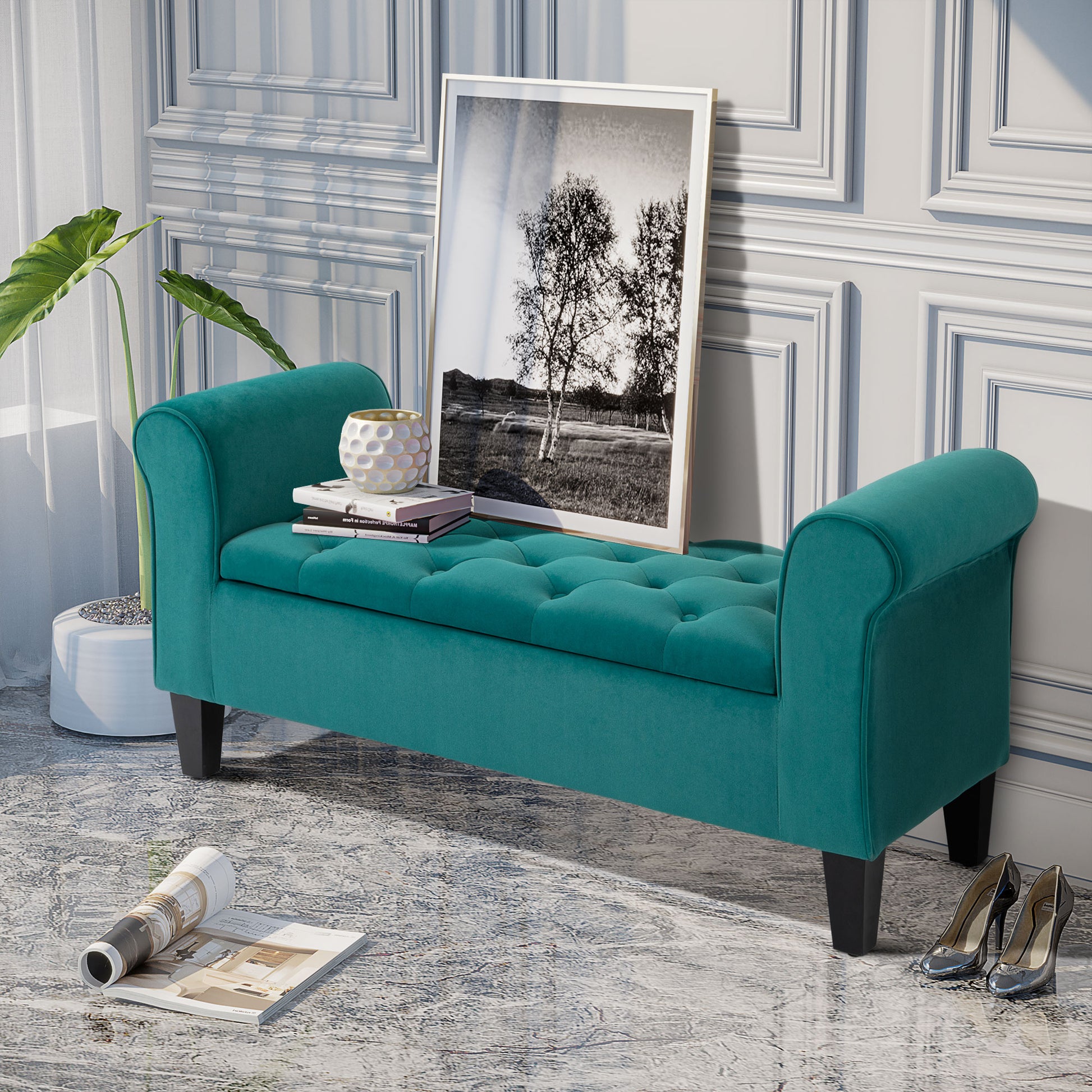 Homcom Button Tufted Storage Ottoman Bench, Upholstered Bench With Rolled Armrests For Living Room Or Hallway, Green Green Rubber Wood
