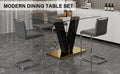 Table And Chair Set. A Rectangular Glass Dining Table With A 0.4 Inch Tempered Glass Tabletop And Mdf Board V Shaped Bracket, Paired With Chairs Consisting Of Pu Seat Cushions And Silver Metal Legs. Black Gray Seats 4 Tempered Glass