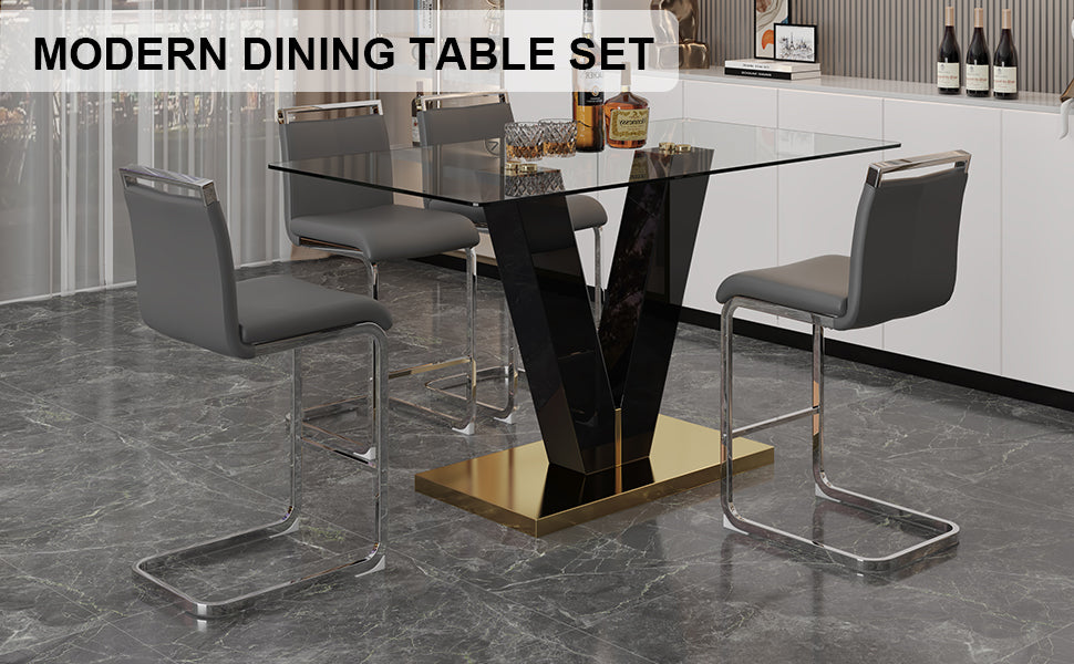 Table And Chair Set. A Rectangular Glass Dining Table With A 0.4 Inch Tempered Glass Tabletop And Mdf Board V Shaped Bracket, Paired With Chairs Consisting Of Pu Seat Cushions And Silver Metal Legs. Black Gray Seats 4 Tempered Glass