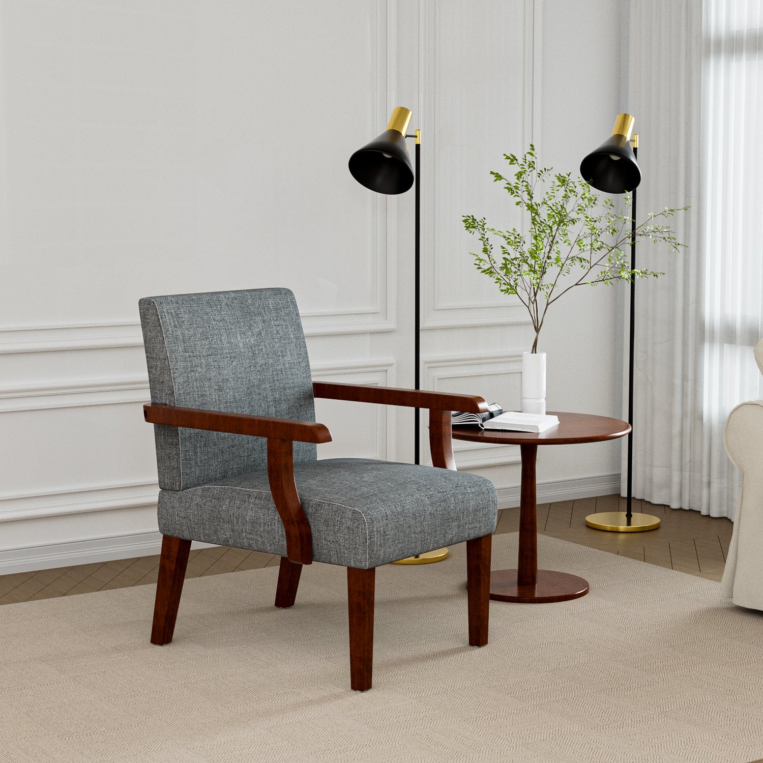 Fabric Accent Arm Chair Set Of 2 With Round Wood Table Grey Fabric