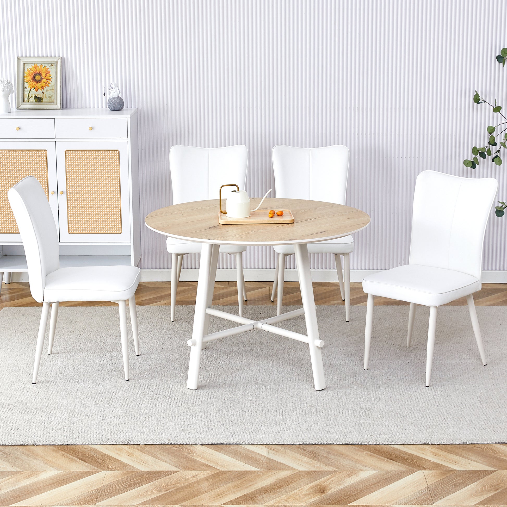 Table And Chair Set, Mdf Desktop, White Metal Table Legs, Stable And Beautiful, Suitable For Most Styles Of Home. Modern Simple Dining Table, Comfortable Seating. White Seats 4 Mdf