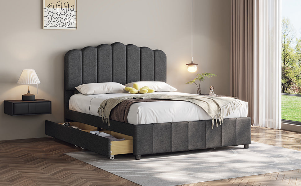 Full Size Upholstered Bed With 4 Storage Drawers,Wood Slat Support, Gray Full Gray Upholstered