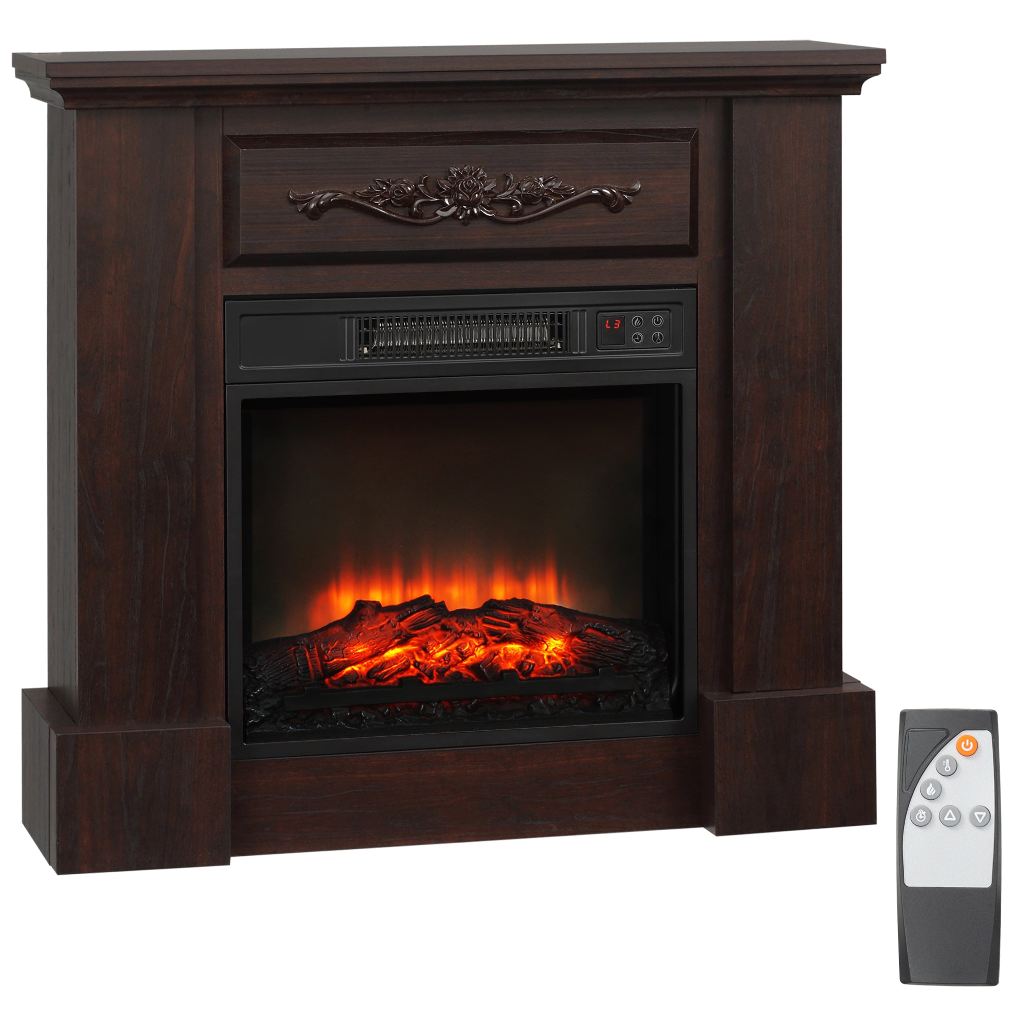 Homcom 32" Electric Fireplace With Mantel, Freestanding Heater With Led Log Flame, Overheat Protection And Remote Control, 1400W, White Brown Steel