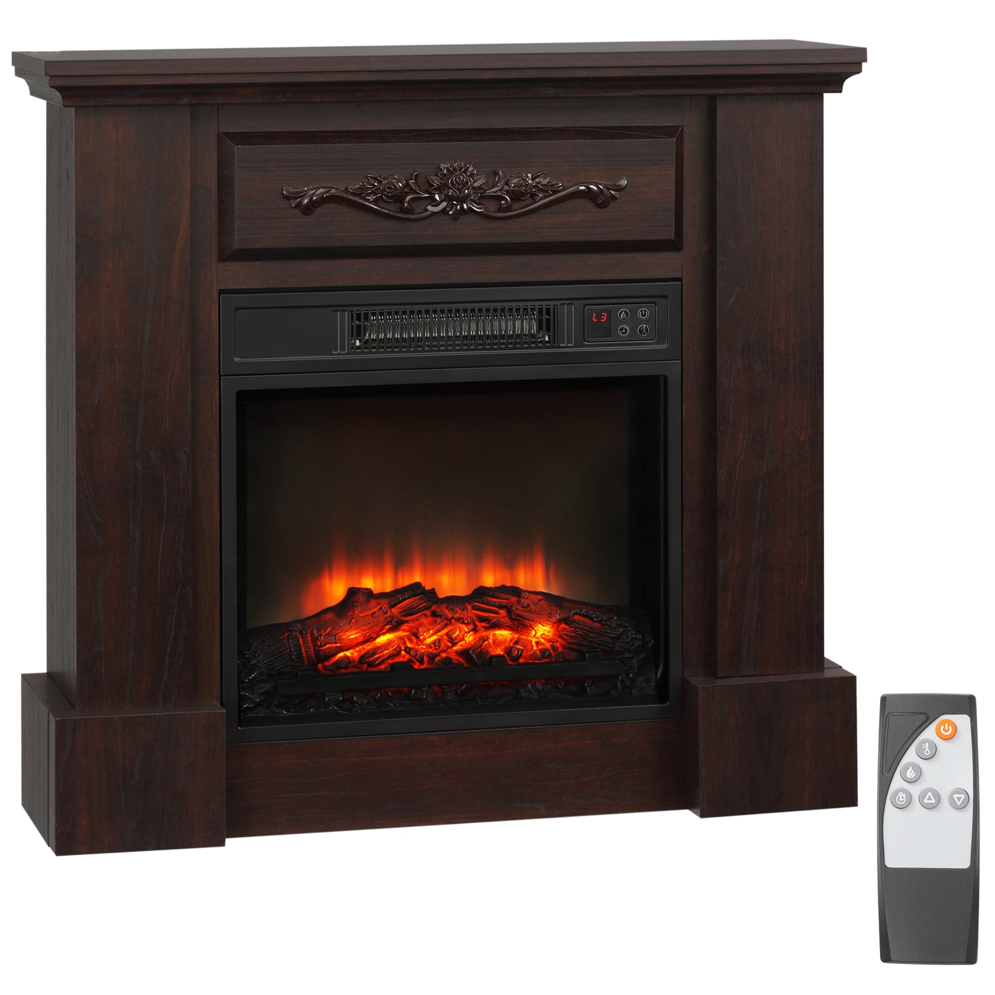 Homcom 32" Electric Fireplace With Mantel, Freestanding Heater With Led Log Flame, Overheat Protection And Remote Control, 1400W, White Brown Steel
