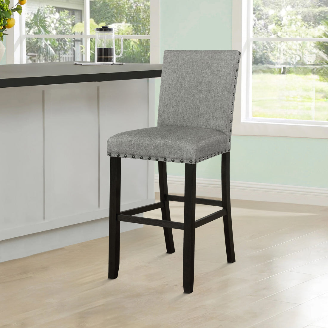 Lok 30 Inch Wood Barstool, Set Of 2, Trim, Padded Seating, Gray Gray Solid Wood