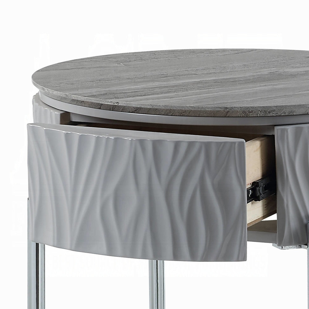 Grey High Gloss And Chrome End Table With Drawer Grey Silver Primary Living Space Shelves Round Wood Metal