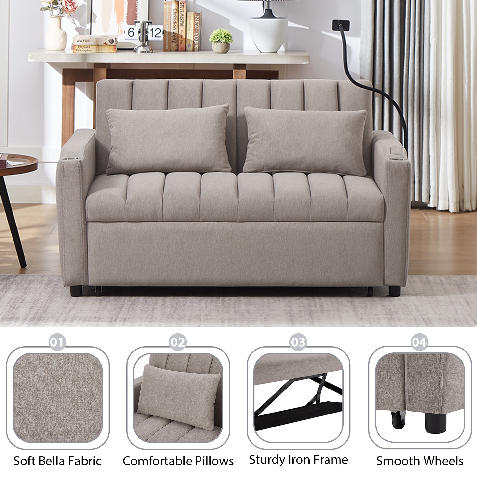 55.9" Convertible Sofa Bed Loveseat Sofa With Three Usb Ports, Two Side Pockets, Two Cup Holders And 360 Swivel Phone Holder For Living Room, Light Grey Light Grey Foam Polyester