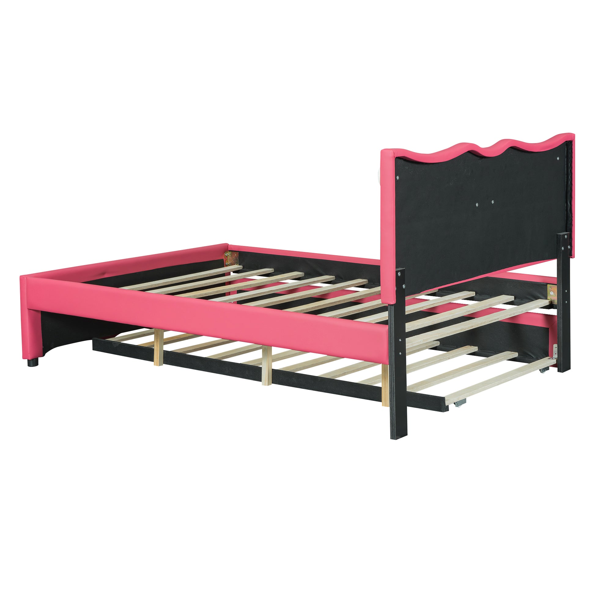 Full Size Upholstered Platform Bed With Trundle And Heart Shaped Decoration, Dark Pink Box Spring Not Required Full Dark Pink Wood Bedroom Bed Frame Faux Leather Upholstered