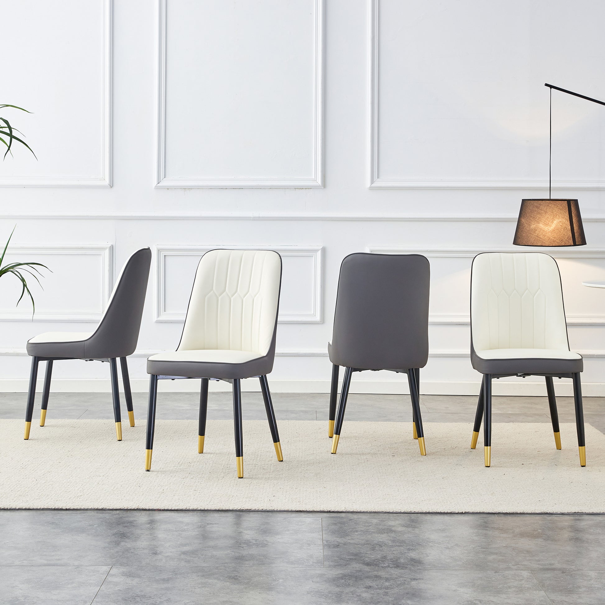 Large Modern Minimalist Rectangular Dining Table With 0.39 "Imitation Marble Black Tabletop And Golden Metal Legs, Paired With Chairs With Pu Cushions And Black Metal Legs. F 1537 C 007 Black Gold Glass Metal
