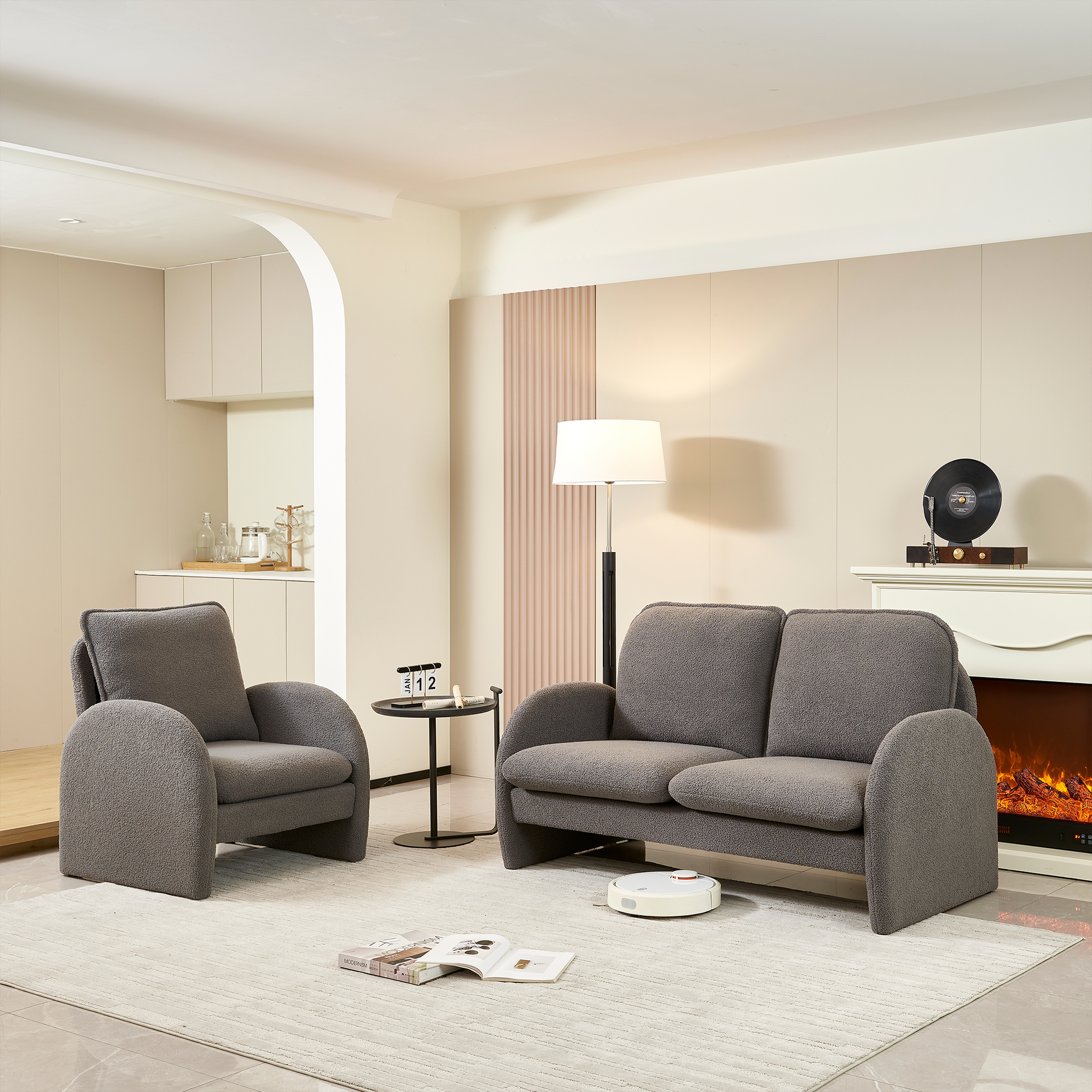 59" Loveseat Sofa Small Couch For Living Room, Sherpa Fabric Upholstered Loveseat Sofa Couch, Small Loveseat Sofa For Apartment, Bedroom Gray Foam Sherpa 2 Seat