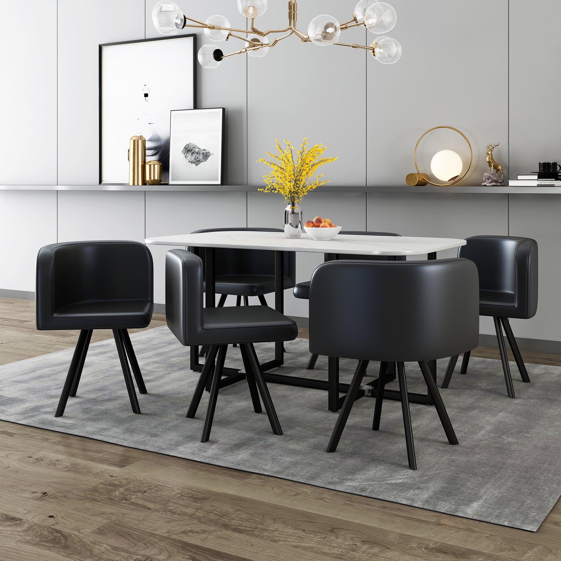 Modern 7 Pieces Dining Table Set, Rectangle Dining Table With 6 Chairs For Dining Room, Kitchen Black Pu Leather