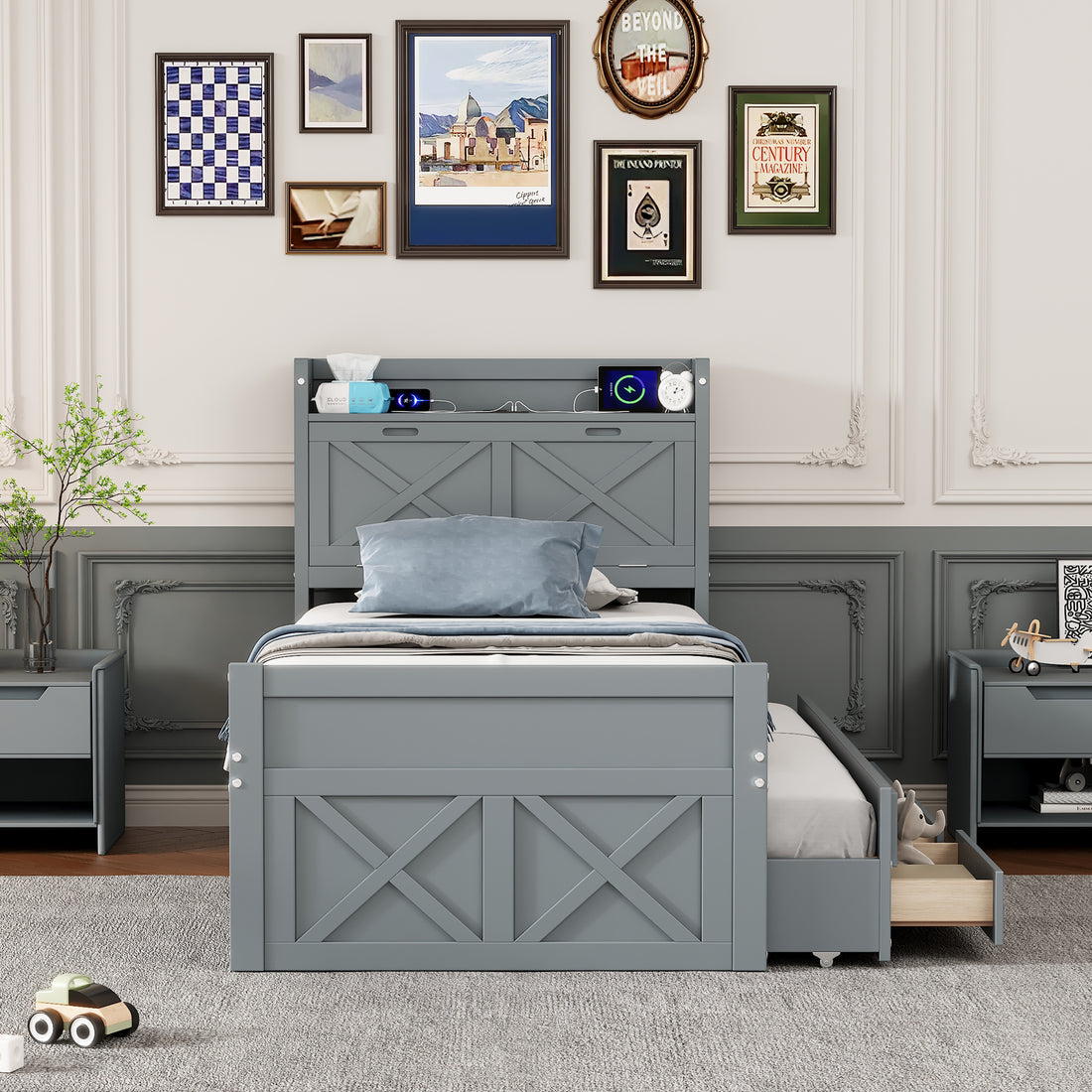 Twin Size Wooden Bed With Storage Headboard With Outlets, Extendable Bed With Twin Size Trundle With Three Storage Drawers,Gray Twin Gray Wood