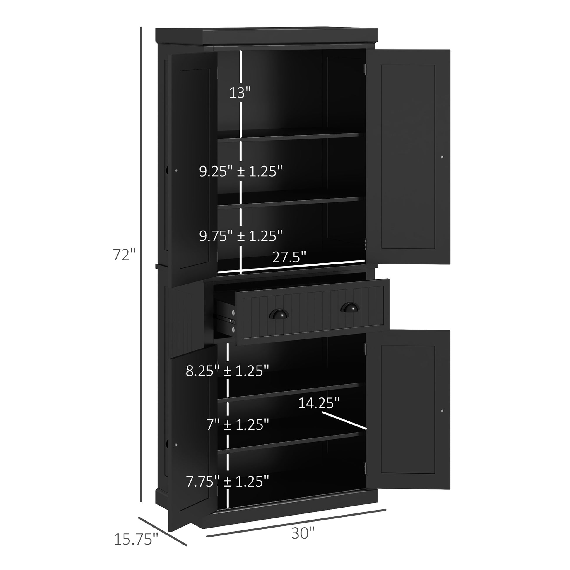 Homcom 72" Kitchen Pantry, Tall Storage Cabinet, Freestanding Cupboard With Drawer, Doors And Adjustable Shelves, Black Black Mdf