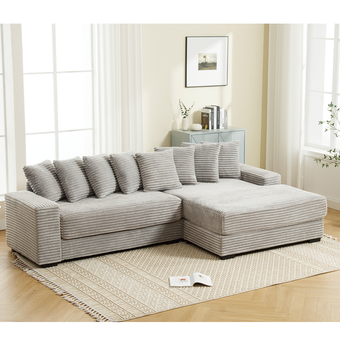 Arrived Oversized Two Piece Couches, L Shaped Sofa, Corduroy, Right Chaise Daybed,With Armrests,Eight Throw Pillows,Corner Sofa,Easy To Assemble, Gray Gray Polyester Wood Primary Living Space Medium Soft Pillow Back Modern Square Arms Wood 3 Seat